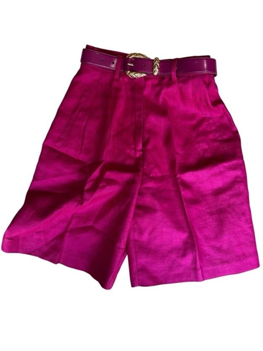 Point of View High Rise Preppy Pleated 100% Linen Bermuda Short Fuchsia Size 4